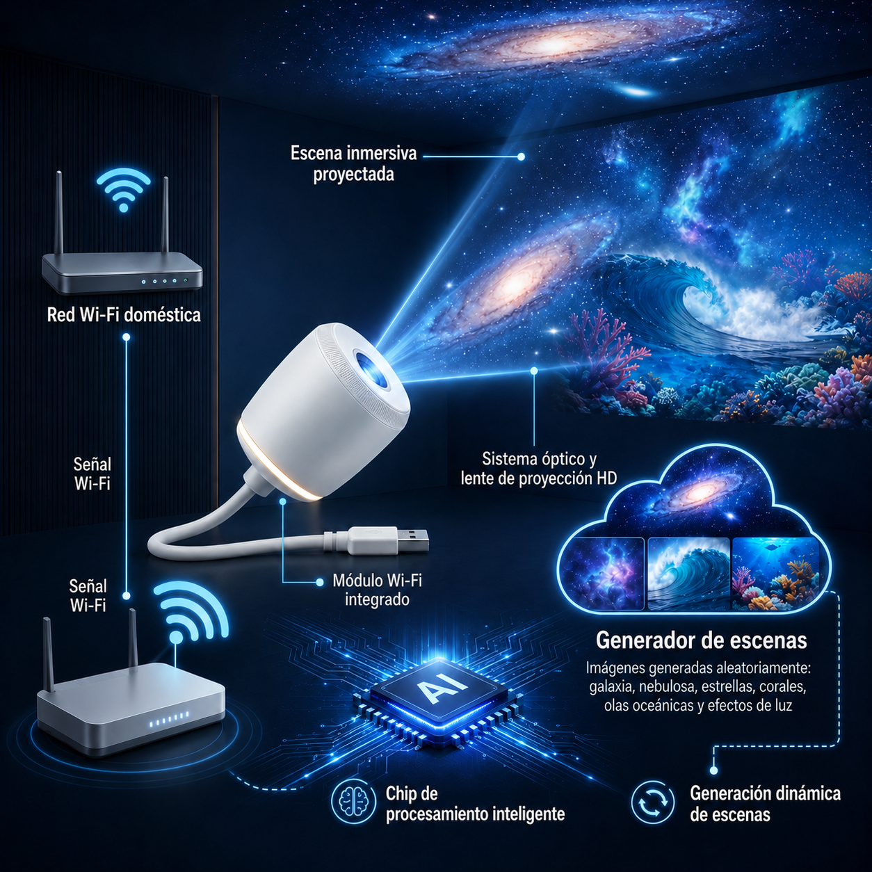 Proyector de luz nocturna holográfica 5D dinámica e inteligente TIMNAMY® con proyección HD de última generación