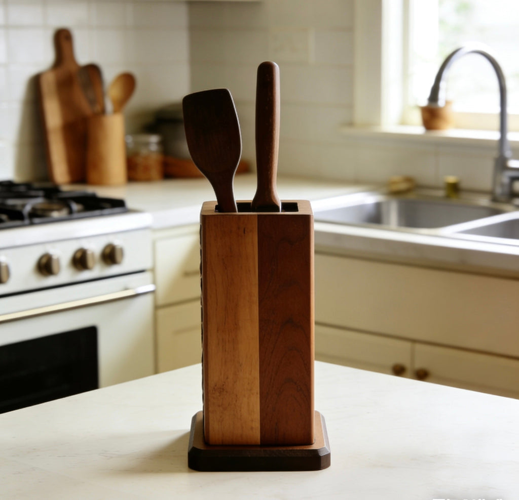 HeritageCarve Artisan Utensil Crock – Exclusive Hand-Carved Botanical Motif Solid Walnut Holder