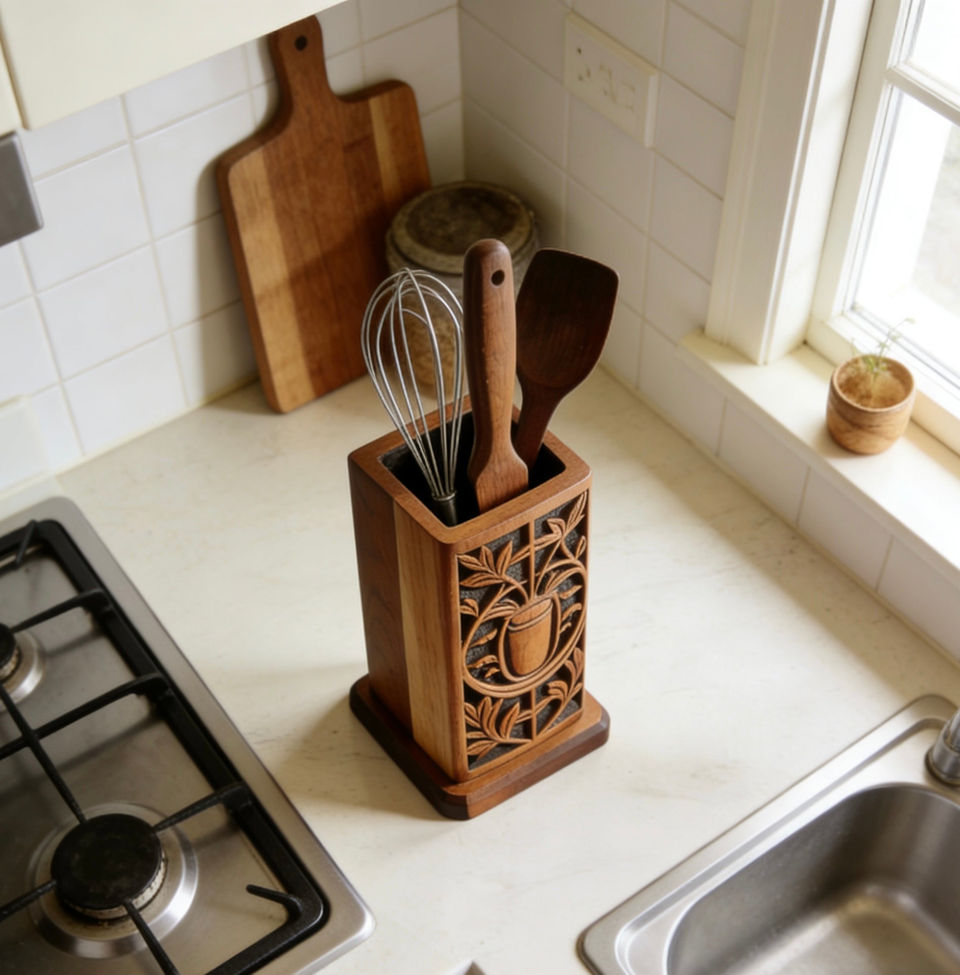HeritageCarve Artisan Utensil Crock – Exclusive Hand-Carved Botanical Motif Solid Walnut Holder