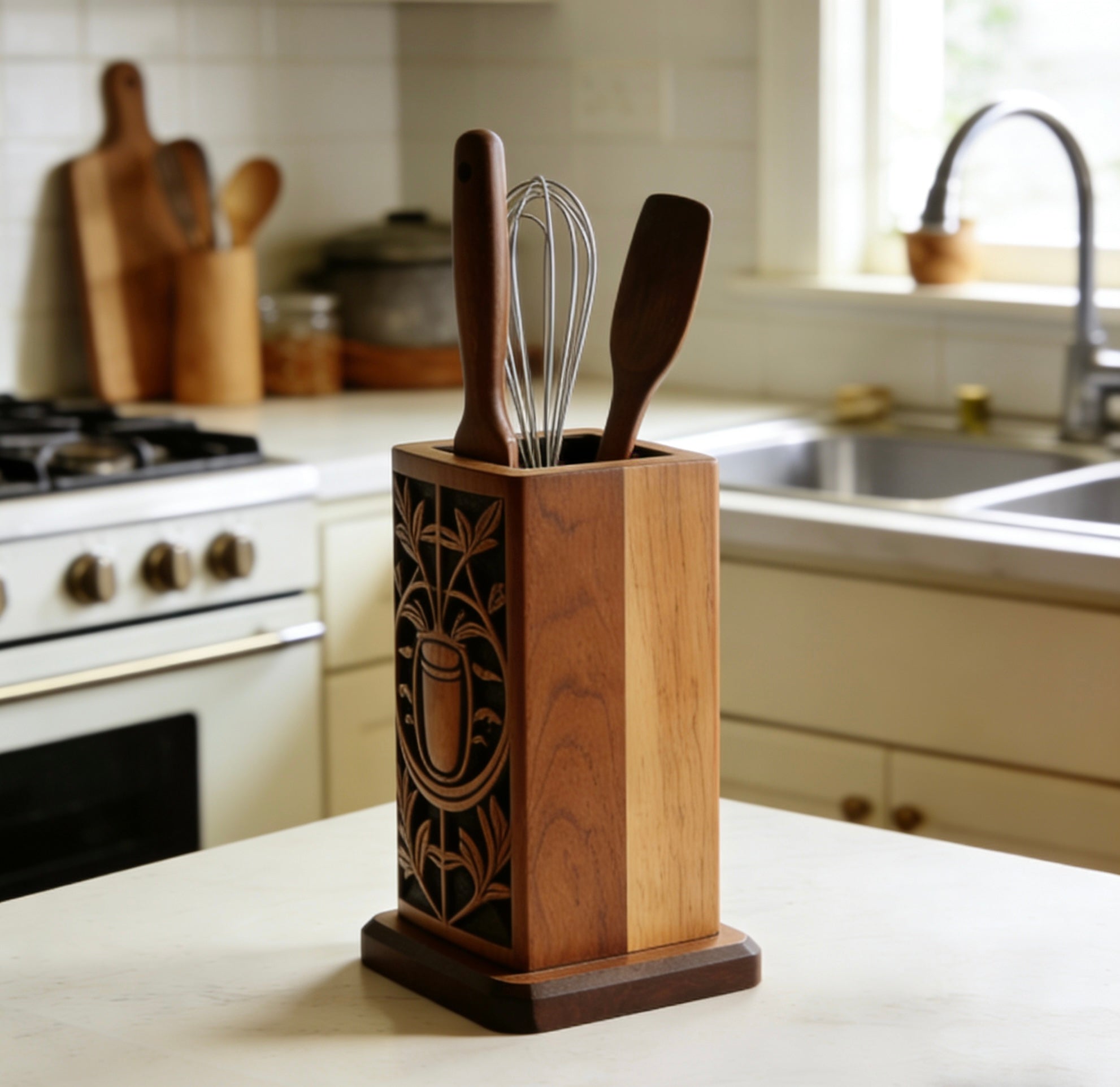 HeritageCarve Artisan Utensil Crock – Exclusive Hand-Carved Botanical Motif Solid Walnut Holder