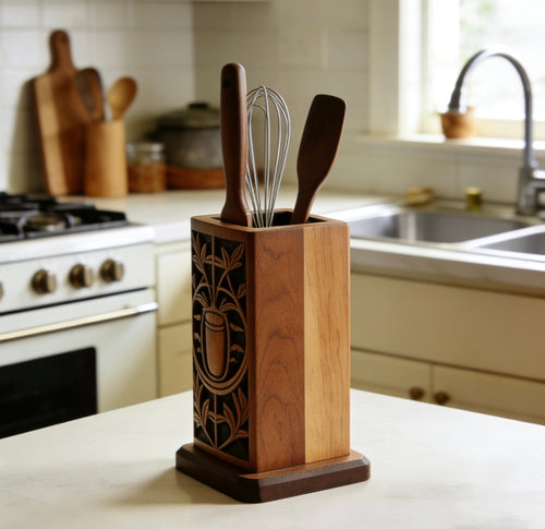 HeritageCarve Artisan Utensil Crock – Exclusive Hand-Carved Botanical Motif Solid Walnut Holder