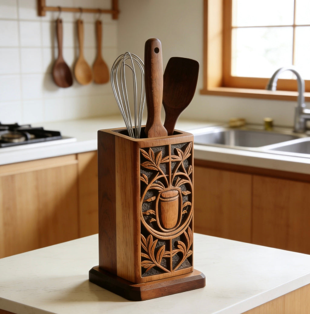 HeritageCarve Artisan Utensil Crock – Exclusive Hand-Carved Botanical Motif Solid Walnut Holder