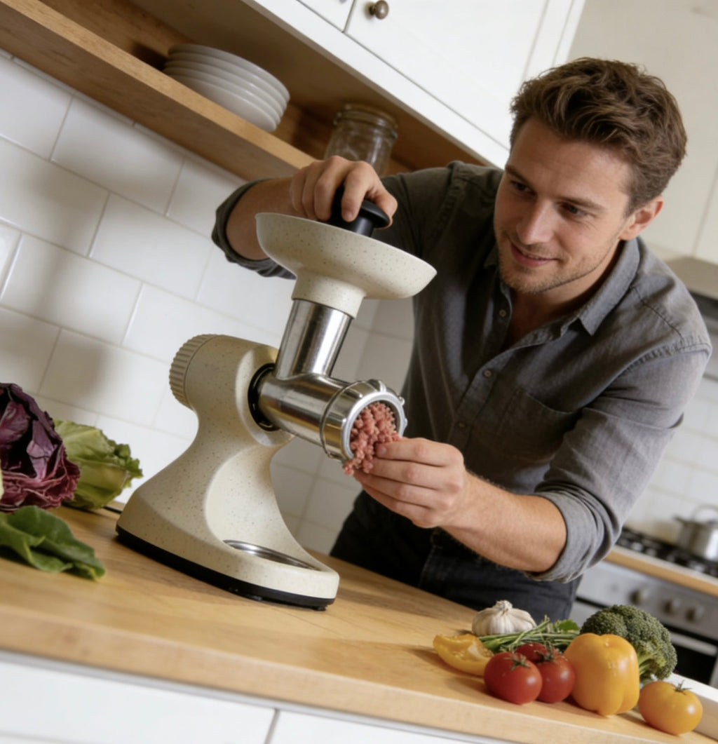 SpecklePress Artisan Meat Grinder – Exclusive Cream Speckled Manual Mincer with Multi-Attachment System