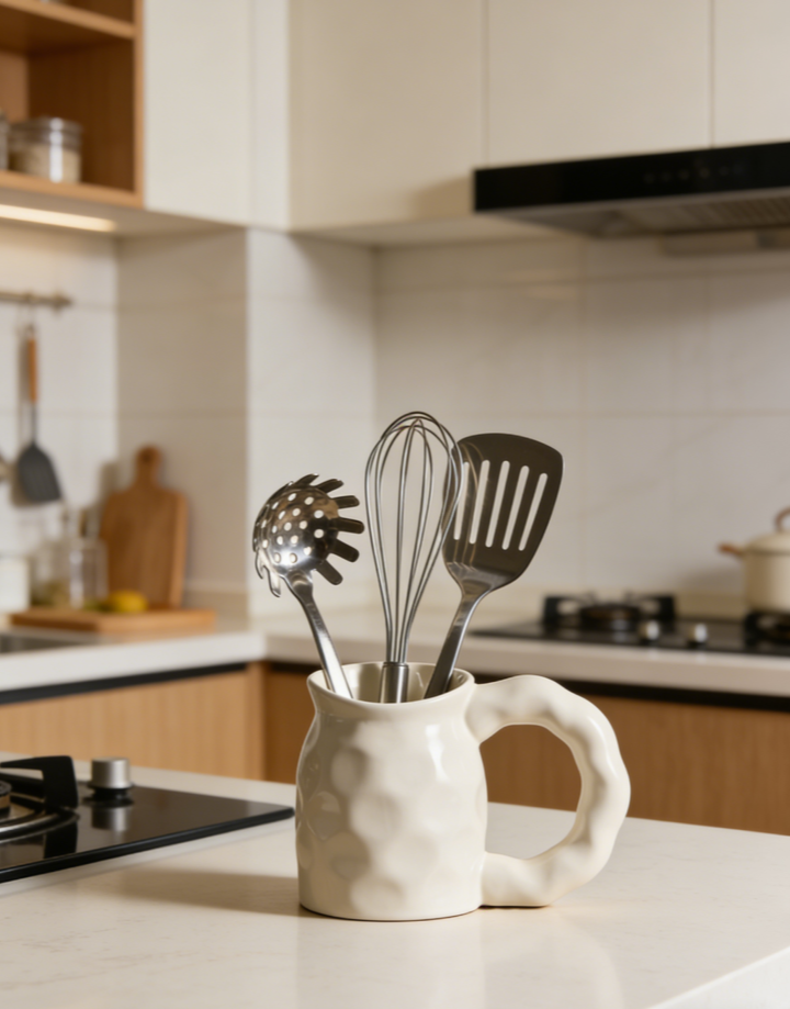 LuminaSculpt Organic Utensil Crock – Exclusive Wavy Ceramic Holder with Premium Stainless Steel Tool Set