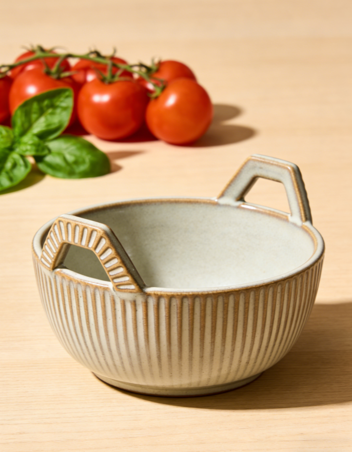 TerraWeave Artisan Claw Bowl -Exclusive Handcrafted Stoneware with Geometric Handles & Textured Ribs