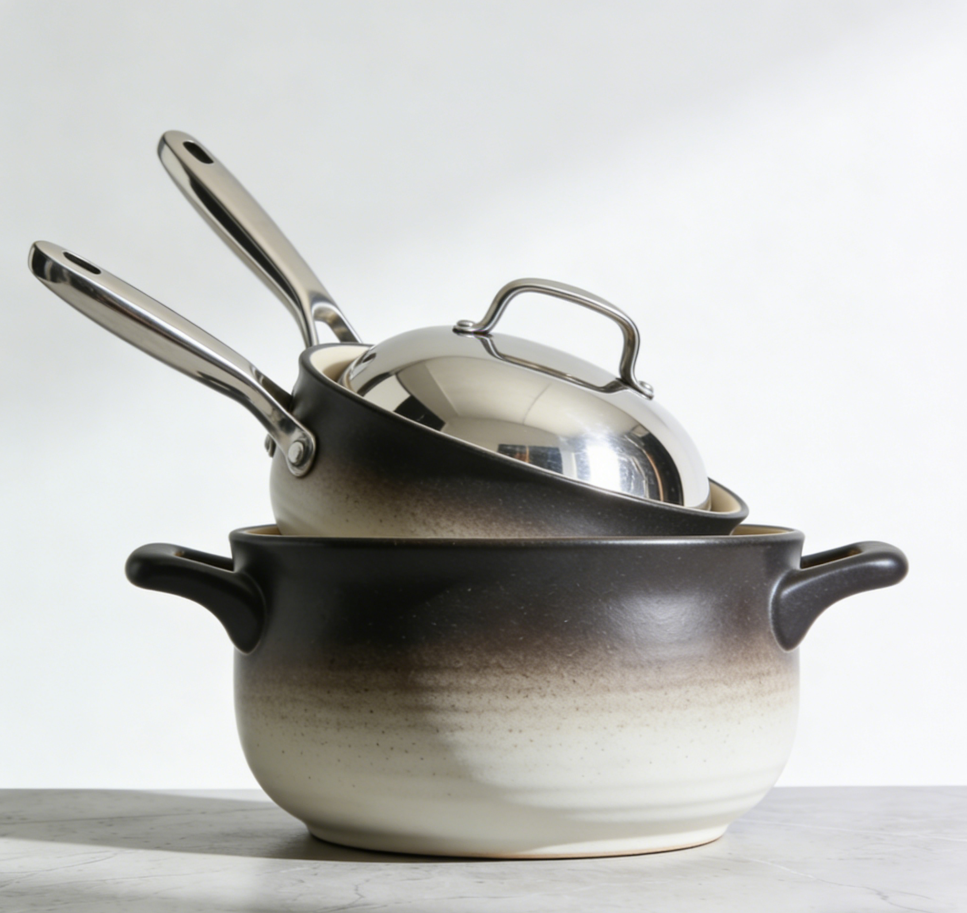 OmbreGlow 3-Piece Cookware Set – Exclusive Gradient Ceramic Dutch Oven with Stainless Steel Saucepan & Lid