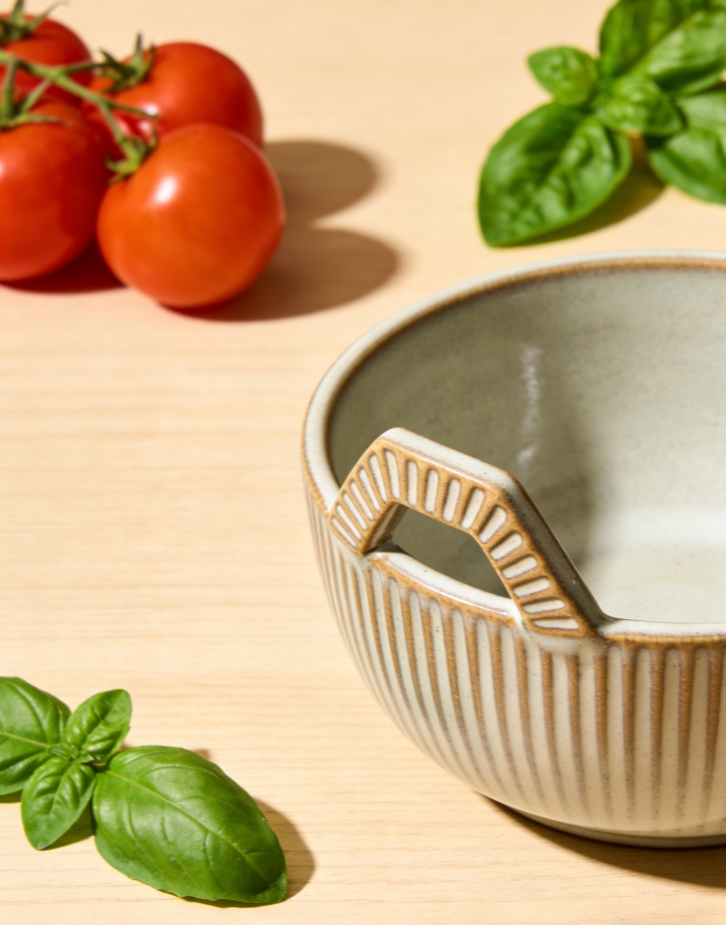 TerraWeave Artisan Claw Bowl -Exclusive Handcrafted Stoneware with Geometric Handles & Textured Ribs