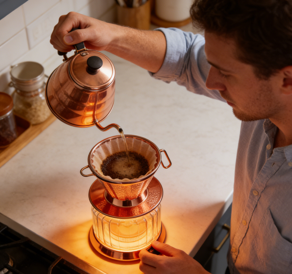 AuroraBrew Copper Glass Pour-Over Coffee Set – Exclusive Hammered Copper Dripper with Fluted Glass Carafe