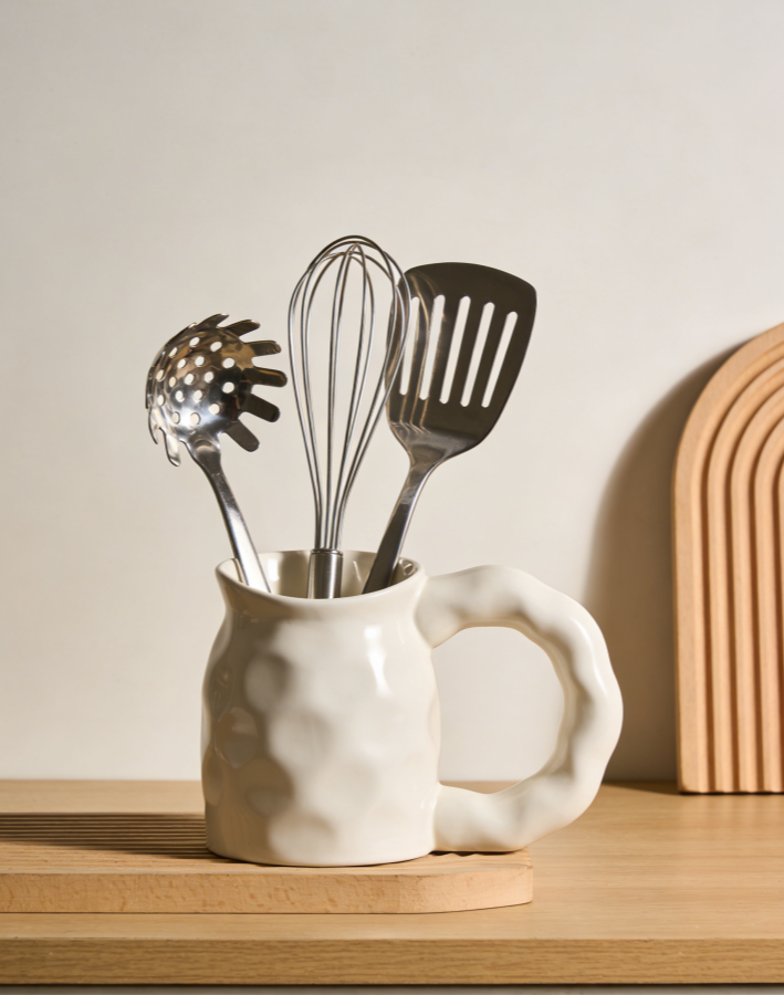 LuminaSculpt Organic Utensil Crock – Exclusive Wavy Ceramic Holder with Premium Stainless Steel Tool Set