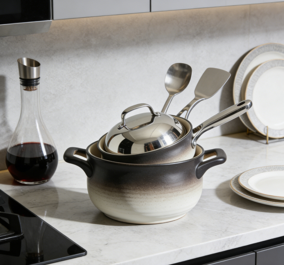 OmbreGlow 3-Piece Cookware Set – Exclusive Gradient Ceramic Dutch Oven with Stainless Steel Saucepan & Lid