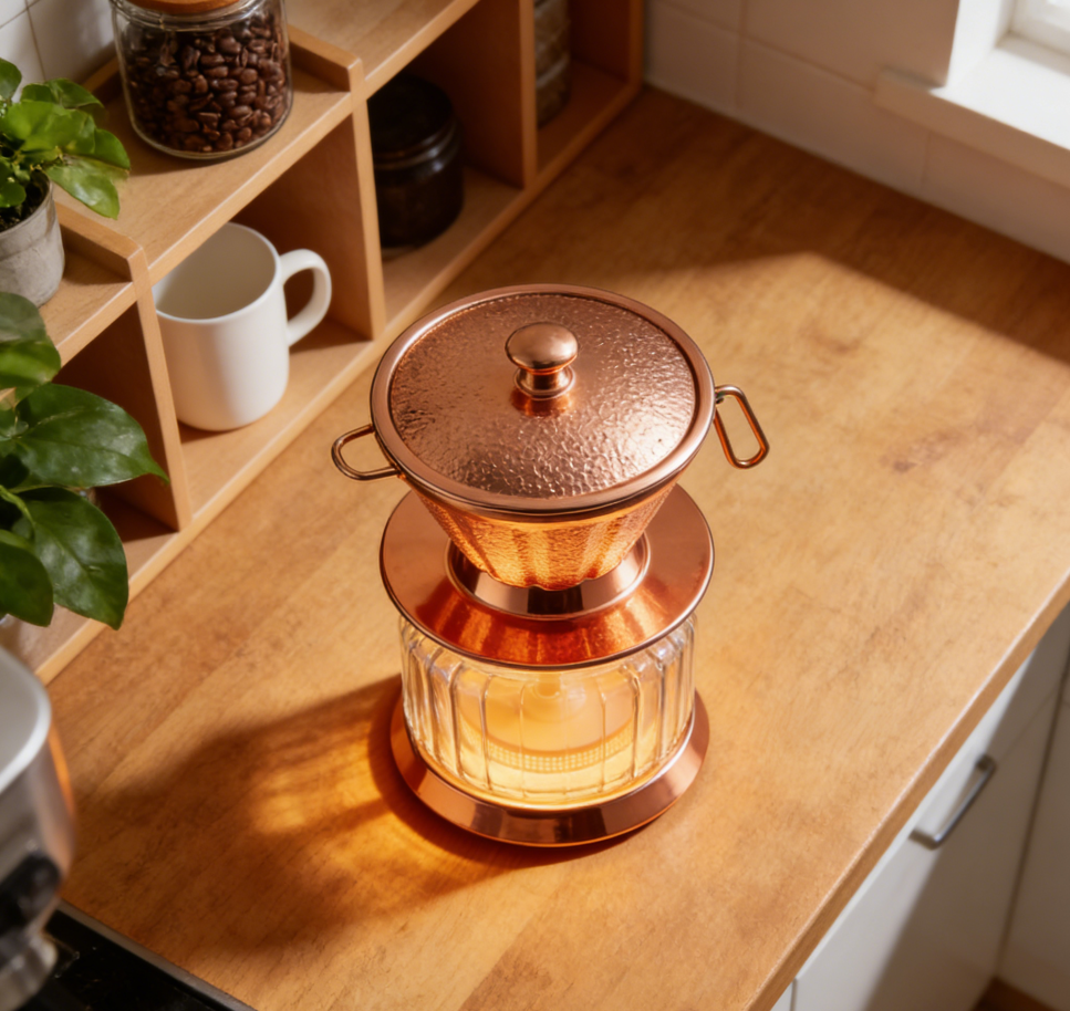 AuroraBrew Copper Glass Pour-Over Coffee Set – Exclusive Hammered Copper Dripper with Fluted Glass Carafe