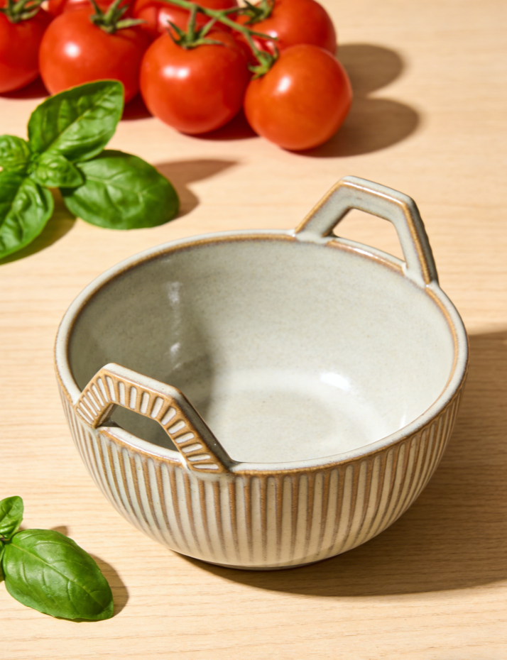 TerraWeave Artisan Claw Bowl -Exclusive Handcrafted Stoneware with Geometric Handles & Textured Ribs