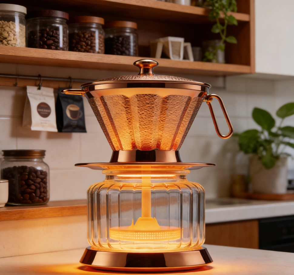 AuroraBrew Copper Glass Pour-Over Coffee Set – Exclusive Hammered Copper Dripper with Fluted Glass Carafe